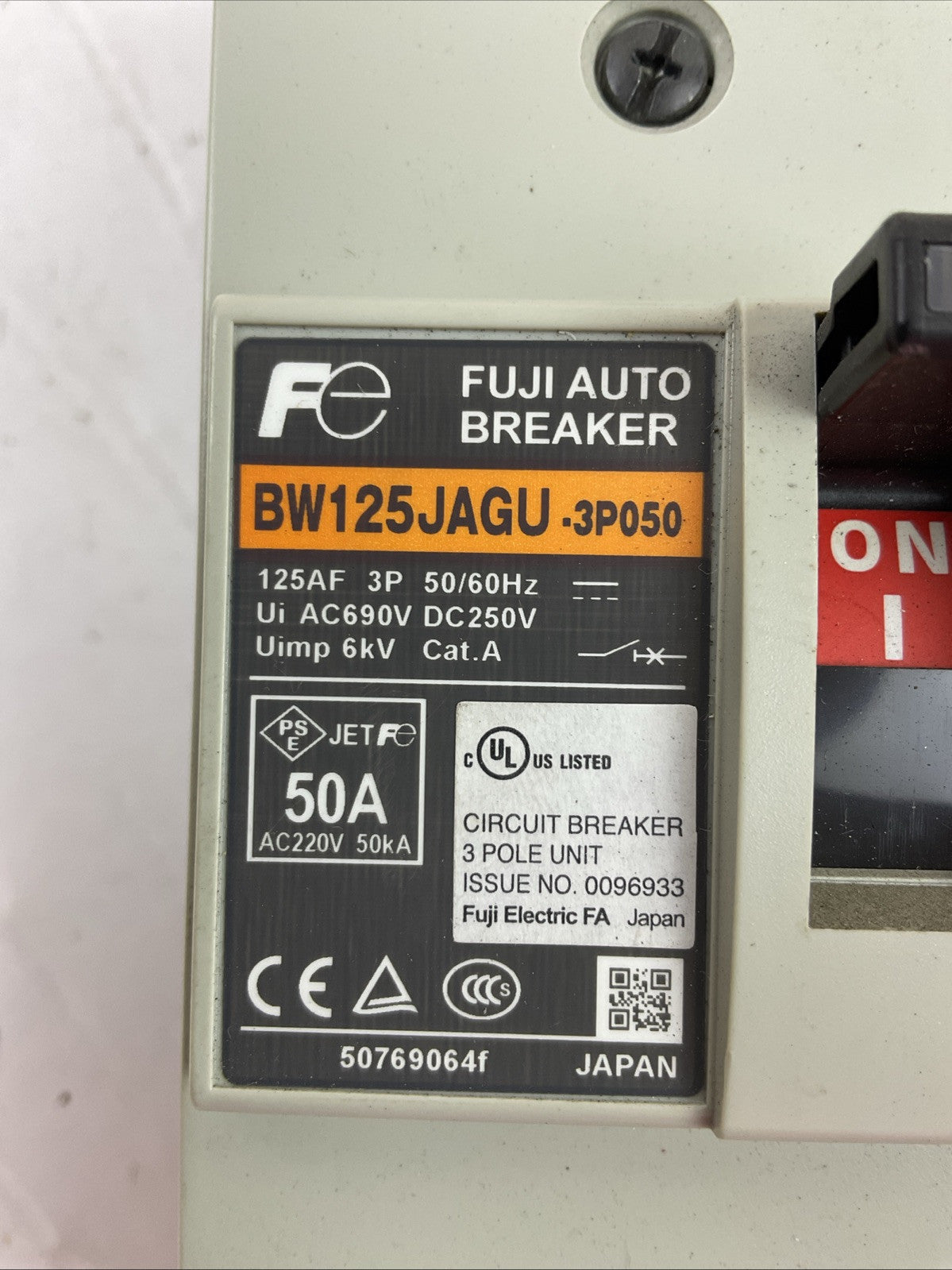 FUJI AUTO BREAKER BW125JAGU-3P050 50A 600VAC 250VDC 3POLE1