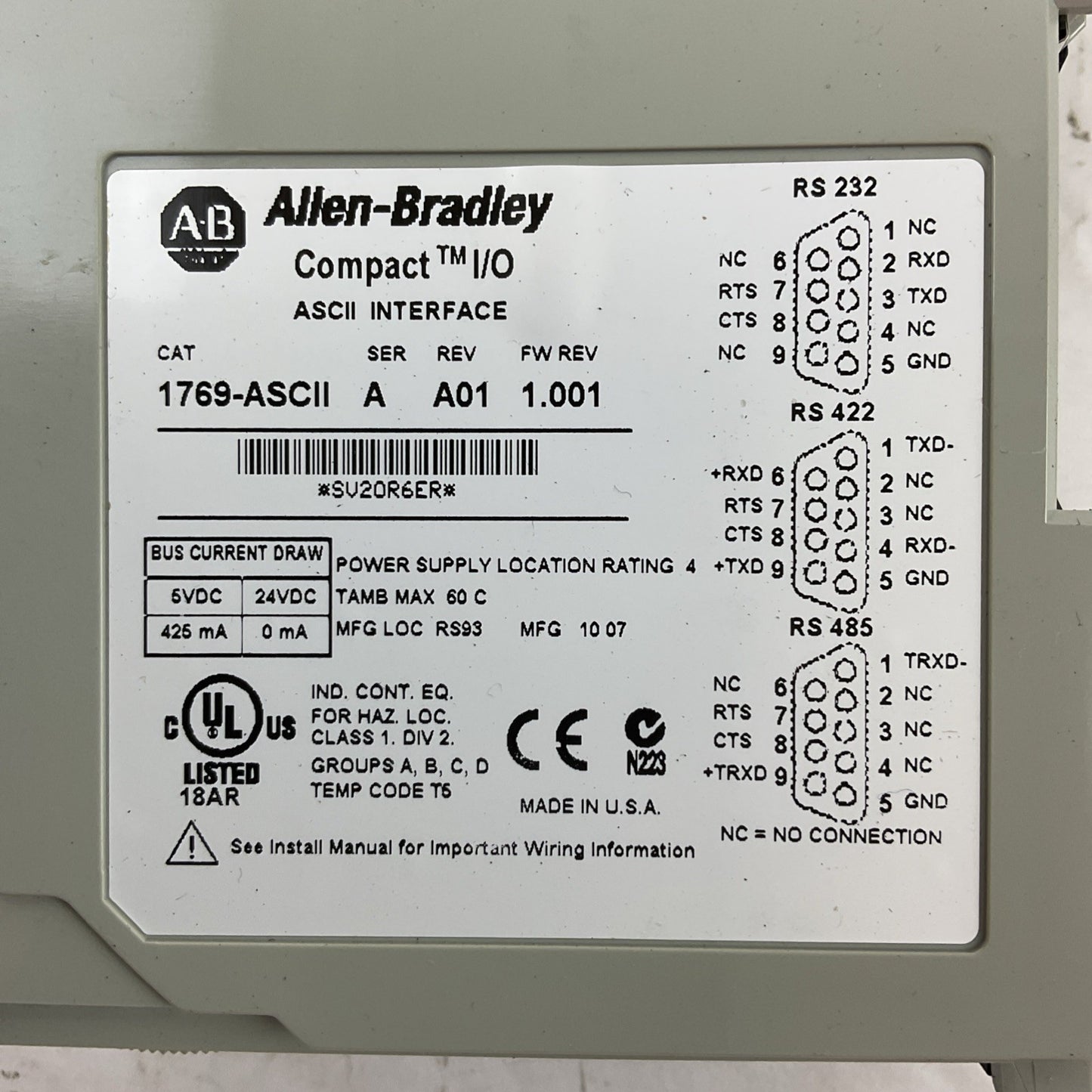 ALLEN BRADLEY 1769-ASCII SER A REV A01 FW REV 1.001 COMPACT I/O INTERFACE