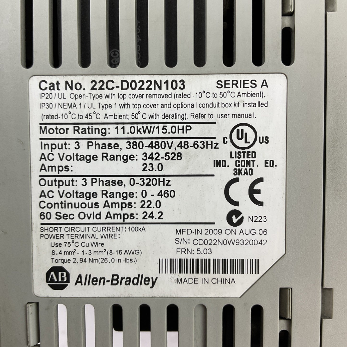 ALLEN BRADLEY 22C-D022N103 AC DRIVE SER A FRN 5.03 OUTPUT 0-460VAC