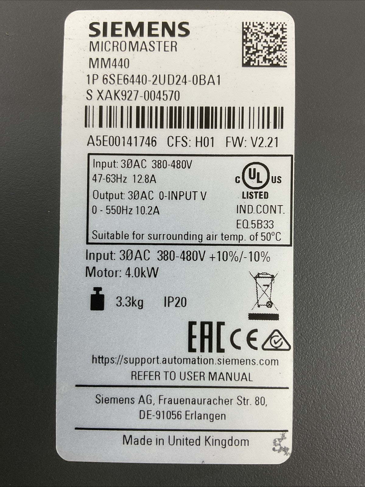 SIEMENS MICROMASTER MM440 1P 6SE6440-2UD24-0BA1 CFS: H01 FW: V2.21 AC DRIVE1