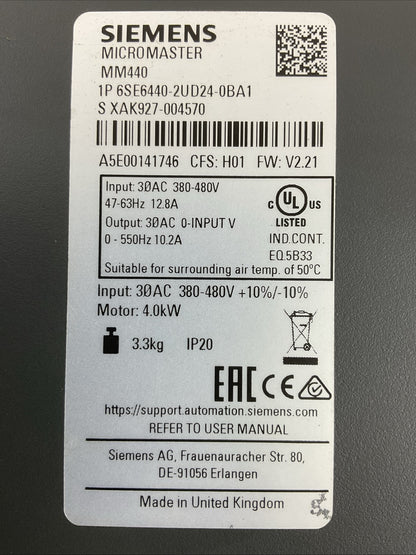 SIEMENS MICROMASTER MM440 1P 6SE6440-2UD24-0BA1 CFS: H01 FW: V2.21 AC DRIVE1