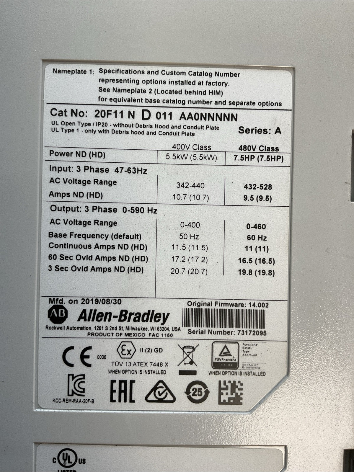 ALLEN BRADLEY 20F11 N D 011 AA0NNNNN SER A FIRMWARE 14.002 AC DRIVE 20-HIM-A2