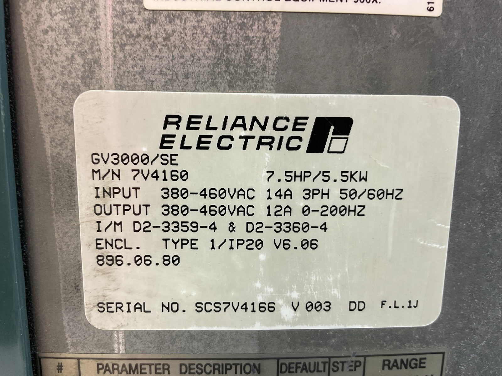 RELIANCE ELECTRIC 7V4160 AC DRIVE 380-460VAC TYPE 1/IP20 C6.06 GV3000/SE1
