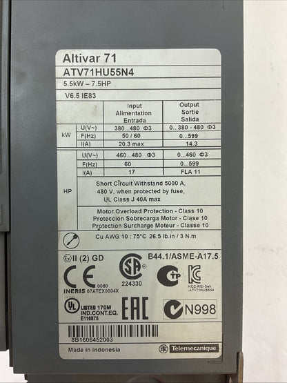 SCHNEIDER ELECTRIC ATV71HU55N4 VARIABLE SPEED DRIVE 5.5kW 7.5HP OUTPUT 0..460VAC1