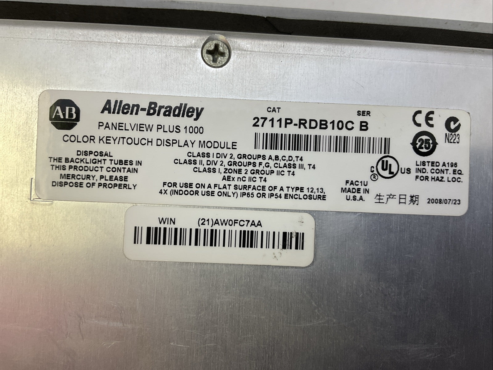 ALLEN BRADLEY 2711P-B10C4D2 SER A PANELVIEW PLUS 1000 24VDC3