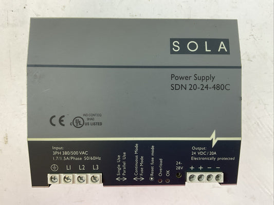 SOLA SDN 20-24-480C POWER SUPPLY OUTPUT 24VDC 20A INPUT 3PH 380/500VAC 1.7/1.5A