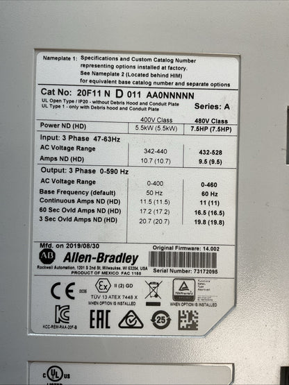 ALLEN BRADLEY 20F11 N D 011 AA0NNNNN SER A FIRMWARE 14.002 AC DRIVE 20-HIM-A21
