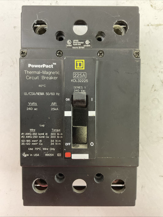 SQUARE D KDL32225  225A 240VAC/25kA  SER 1  THERMAL MAGNETIC CIRCUIT BREAKER