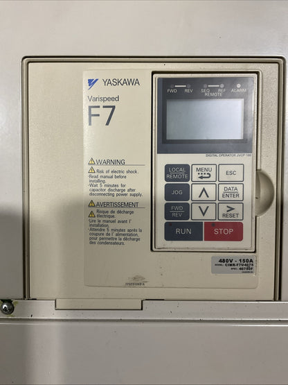YASKAWA CIMR-F7U4075 AC DRIVE OUTPUT 3PH 0-480VAC HD 150A 110kVA ND 156A 120kVA3