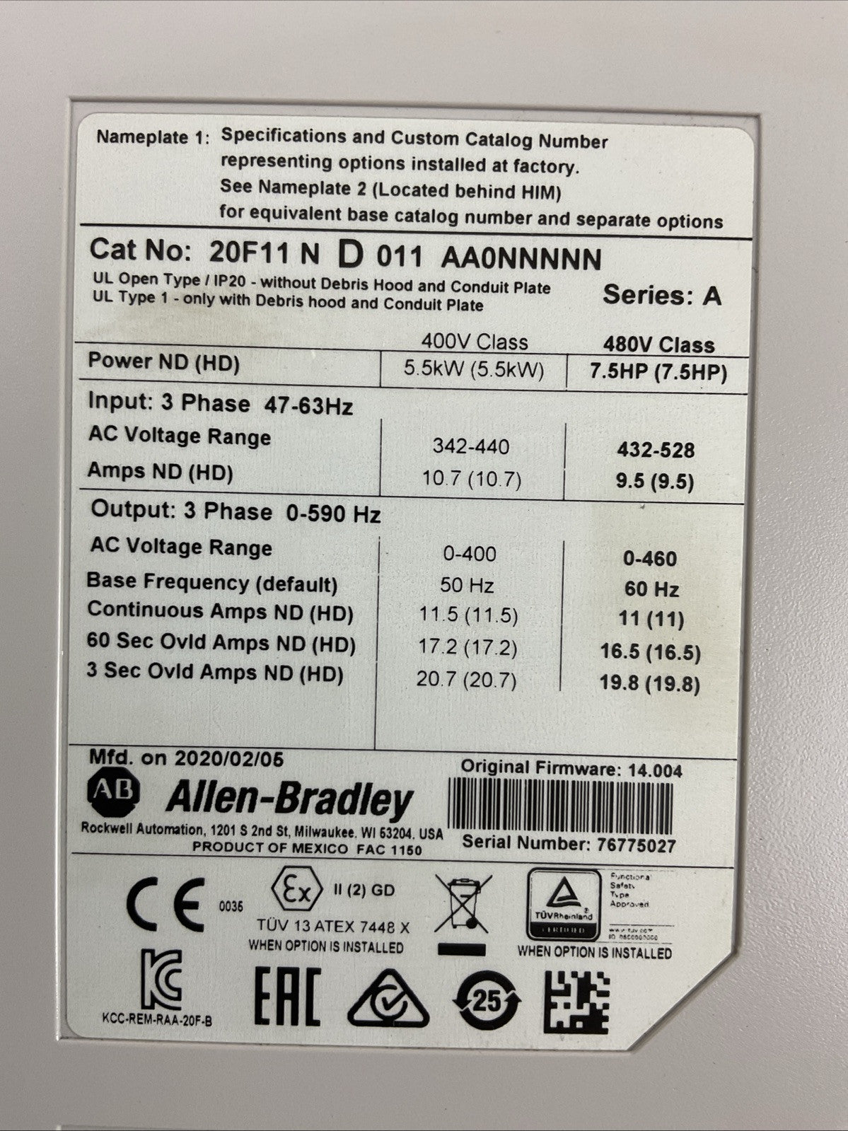 ALLEN BRADLEY 20F11 N D 011 AA0NNNNN SER A FIRMWARE 14.004 AC DRIVE 5.5kW 7.5HP1