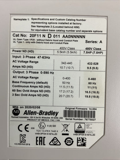 ALLEN BRADLEY 20F11 N D 011 AA0NNNNN SER A FIRMWARE 14.004 AC DRIVE 5.5kW 7.5HP1