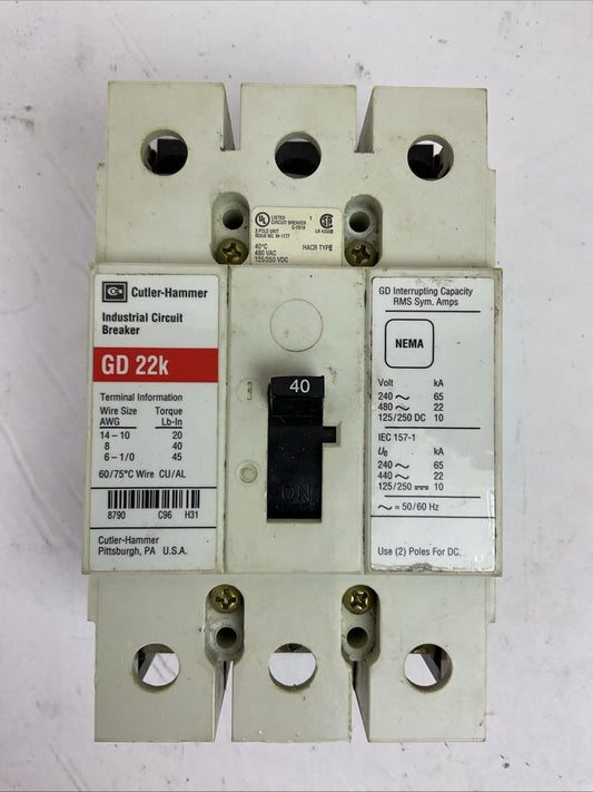 CUTLER HAMMER GD3040 INDUSTRIAL CIRCUIT BREAKER 22K 40AMP 3P 480VAC 125/250VDC