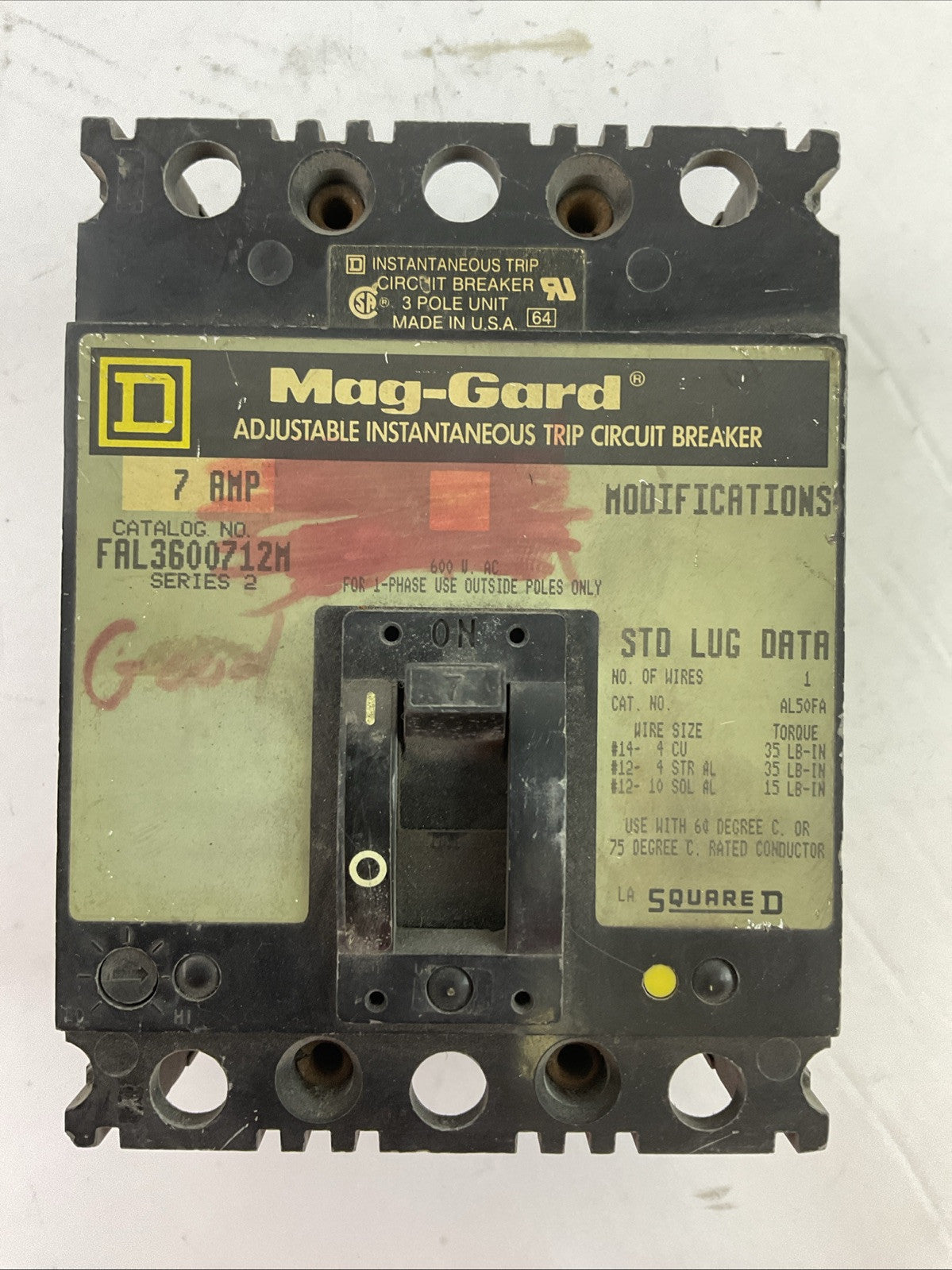 SQUARE D FAL3600712M MAG-GARD ADJ. INSTATANEOUS TRIP CIRCUIT BREAKER 7A SER 20