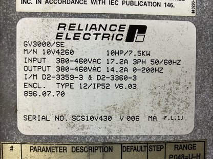 RELIANCE ELECTRIC 10V4260 AC DRIVE 10HP / 7.5KW OUTPUT 380-460VAC 14.2A1