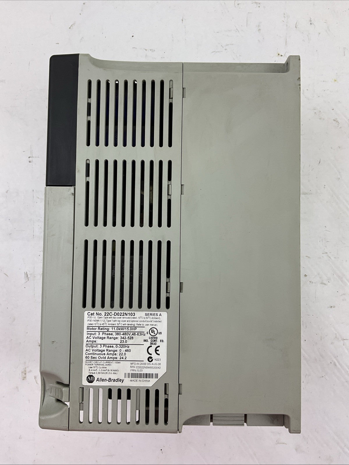 ALLEN BRADLEY 22C-D022N103 AC DRIVE SER A FRN 5.03 OUTPUT 0-460VAC